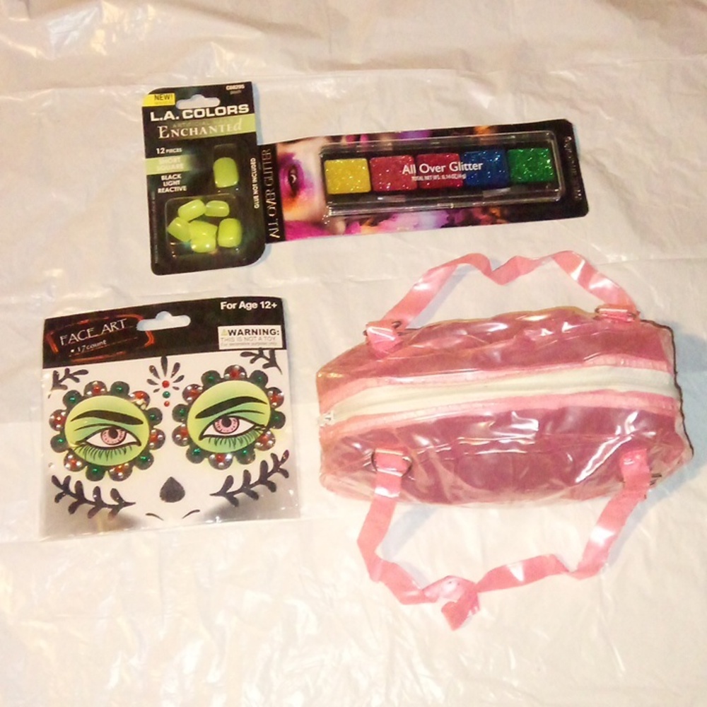 🆕 NeoN Nails, (5) ALL over body glitters, EyE FaCe Art & Lt. PiNK plastic purse